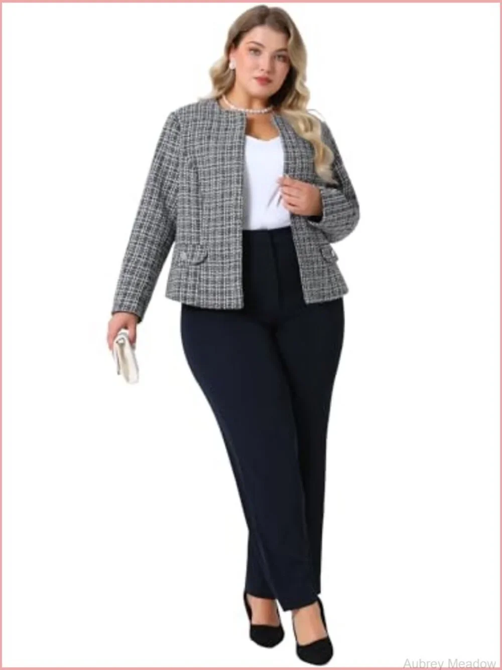 Plus Size Collarless Tweed Blazer Womens Open Front Long Sleeve Work